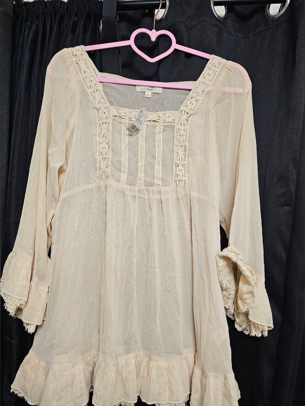 J.O.A. Cream Lace-Trim Sheer Bohemian Tunic